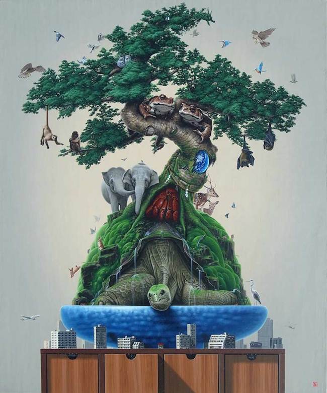 Surrealistic Paintings Of Wildlife and Bonsai By Takumi Kama